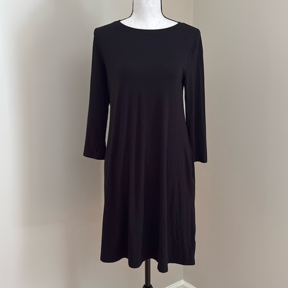 Time and Tru Women 3/4 Sleeve Knit T-Shirt Dress Solid Black Pockets Small 4 6 - Picture 1 of 6